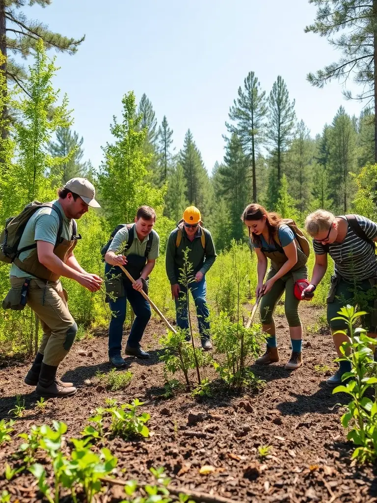 A photograph depicting members of ASSOCIATION COMMUNALE DE CHASSE AGREEE DE MURAT participating in a habitat restoration project, planting native trees and shrubs in a deforested area. The image should convey a sense of environmental stewardship and community involvement.