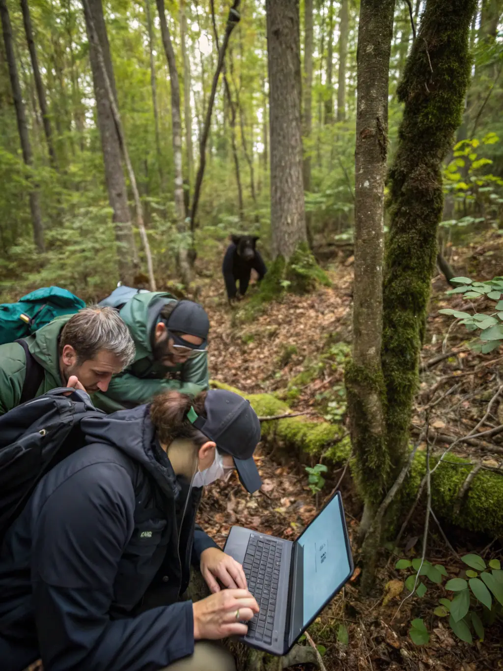 A photograph capturing wildlife researchers from ASSOCIATION COMMUNALE DE CHASSE AGREEE DE MURAT monitoring wildlife populations using camera traps and GPS tracking devices. The image should highlight scientific data collection and conservation efforts.